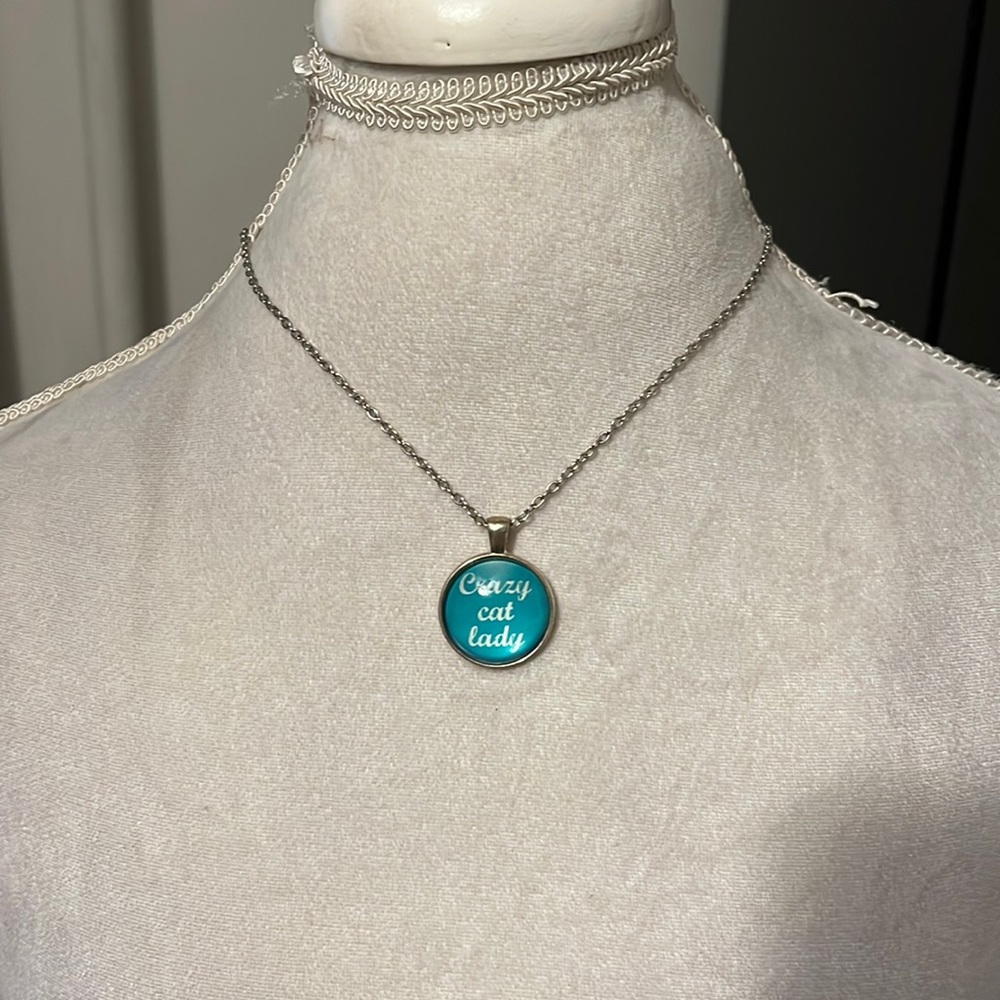 Teal “crazy cat lady” circle pendant necklace